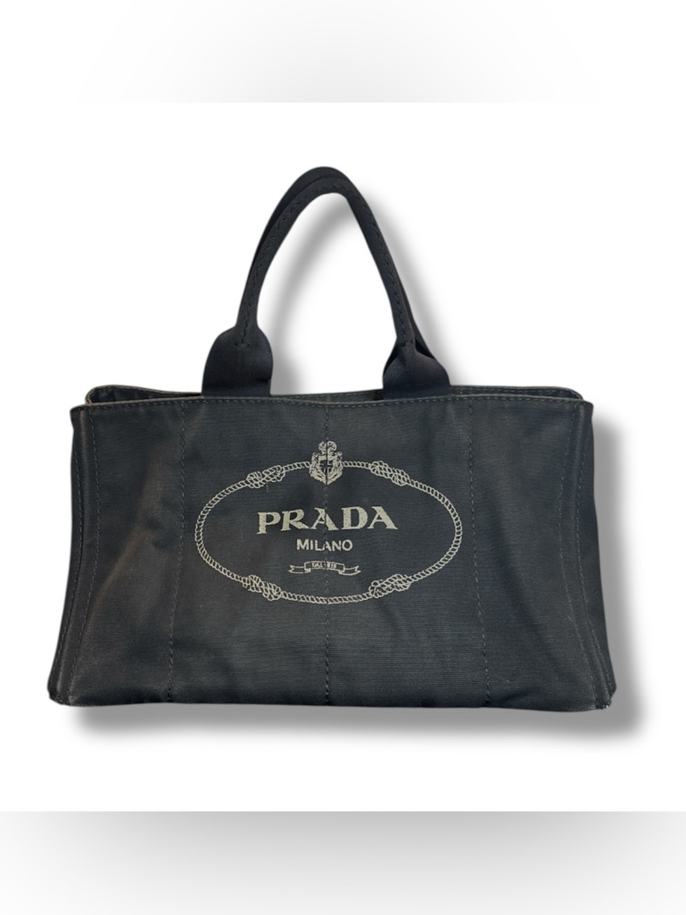 PRADA Canapa Black Denim Logo Tote Bag Large GM Distressed Nero Italy